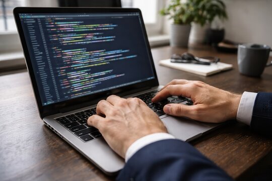 Professional programmer coding on laptop in modern office with soft lighting and coffee