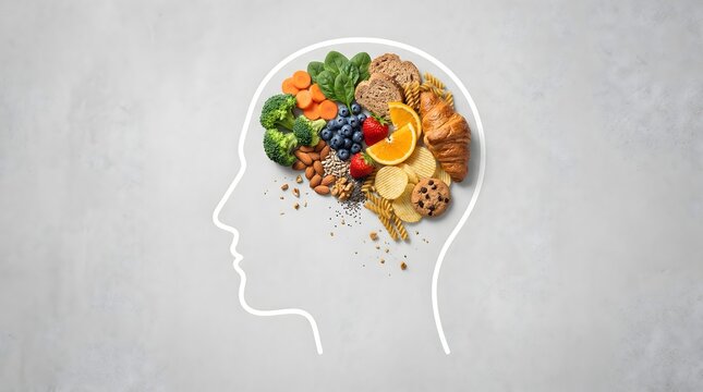 Human Head Profile Filled with Healthy and Junk Foods Concept for Brain Diet