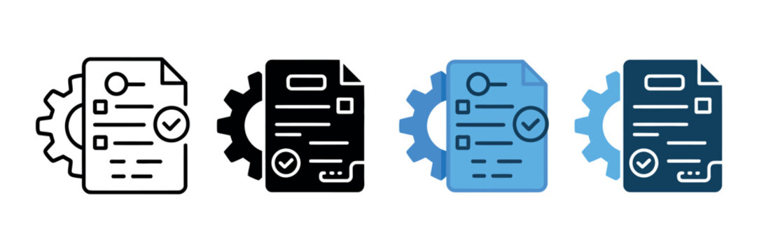 Document process management icon set featuring gear and checkmark symbols, representing approved settings, workflow, and system management, vector illustration isolated on white background