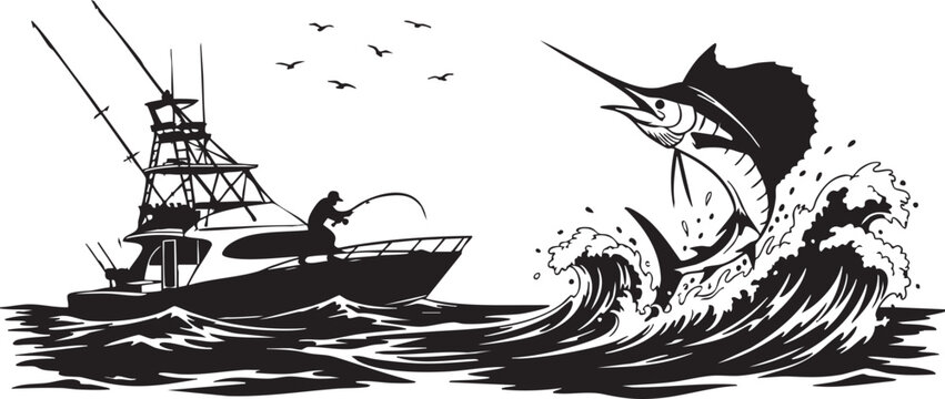 A sailfish jumping out of the water next to a fishing boat isolated on transparent background, Vector