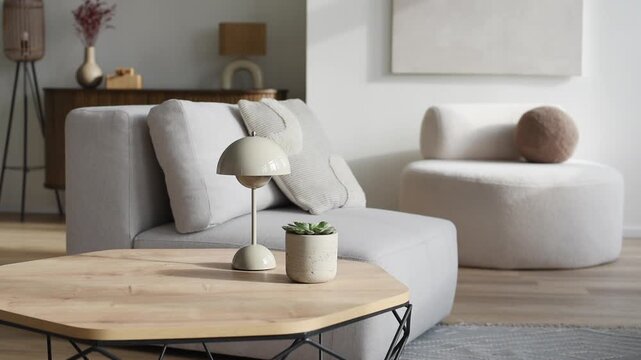View of modern scandinavian style interior with chair, lamp and trendy vase, Home staging and minimalism concept.