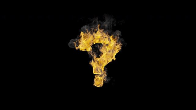 Burning question mark symbol ? with realistic flames and smoke on transparent background. Fiery punctuation animation for titles questions and motion graphics. Seamless loop in 4K with alpha channel.