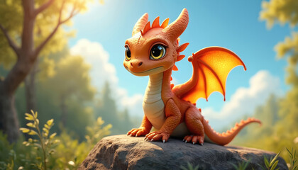 Obraz premium Small orange dragon sits on rock in sunny forest. Cute creature with big eyes and wings looks curious. Fantasy animal rests near green plants under blue sky.