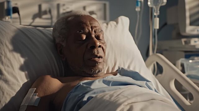 Elderly African American man with white hair and beard, lying in a hospital bed, looking weary and in pain, surrounded by medical equipment, reflecting on his health journey.