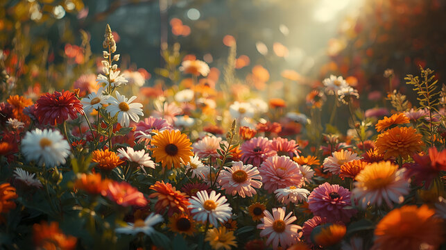 Colorful flowers bloom garden sunlight vibrant spring nature