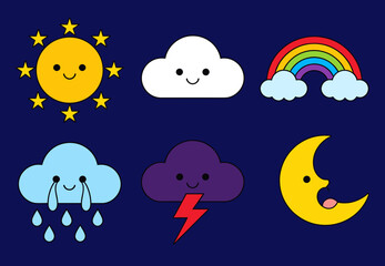 Naklejka premium Cute Weather Icons Set with Kawaii Sun Cloud Rainbow Rain Lightning and Moon Characters, Vector Weather Forecast Symbols for Kids Design and Apps