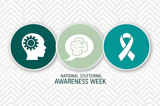 This compelling graphic illustration supports national stuttering awareness week, featuring symbolic icons representing the cognitive and speech complexities associated with communication, alongside a