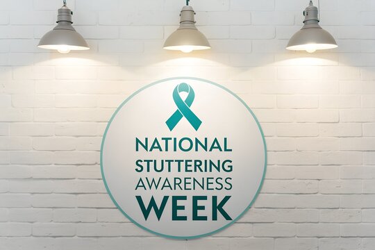 Commemorative graphic design highlighting the importance of national stuttering awareness week featuring a teal awareness ribbon against a white brick background illuminated by overhead spotlights.