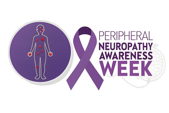 Peripheral neuropathy awareness week graphic featuring a symbolic purple ribbon and a detailed human body silhouette with red dots highlighting specific areas of nerve pain and discomfort, symbolizing
