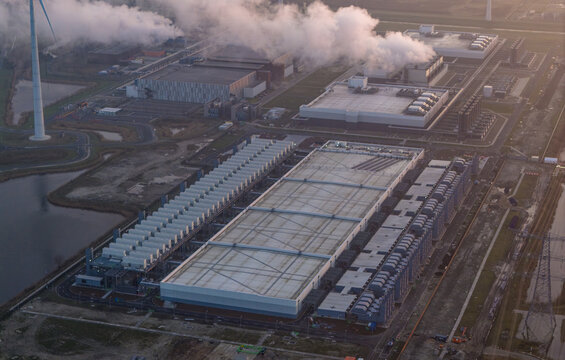 Aerial view of a modern hyperscale data center facility operating in the netherlands, supporting extensive global data processing