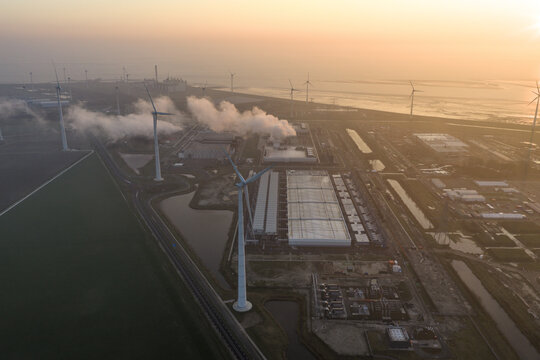 Aerial view of hyperscale data center integrating wind power, Netherlands