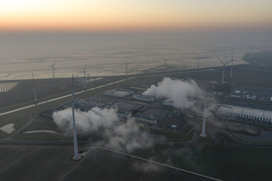 Aerial view of data center campus generating energy, Netherlands