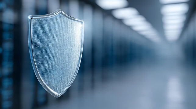 Cybersecurity shield glowing in a server room environment, digital protection and data security concept, enterprise IT, network safety visualization, 3D render, with copy space