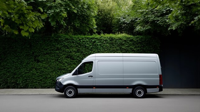 Side profile of a generic silver delivery van parked on a street with a green hedge background