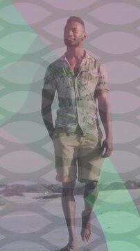 Vertical video: Man walking toward camera for marketing, camera shifting closer, overlay obscuring