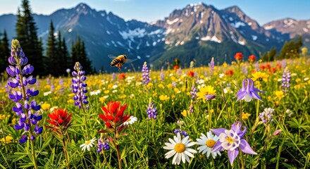Fototapeta premium Vibrant Wildflower Meadow With Mountain Backdrop and Bee