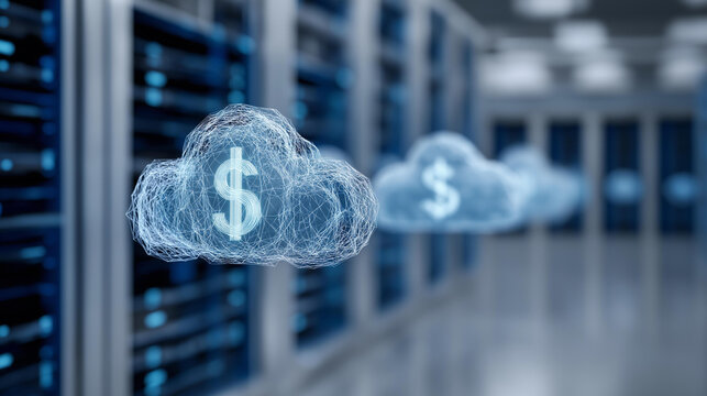 3D cloud computing server infrastructure with floating dollar sign icons, financial data management concept, digital economy visualization, fintech infrastructure, with copy space