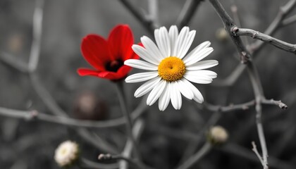 Obraz premium White daisy and red anemone bloom on grey branch. Close up on two contrasting flowers, nature detail. White petals contrast red bloom, blurred grey background.
