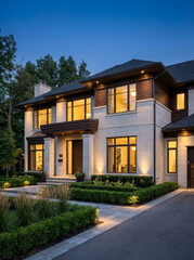 Obraz premium Modern luxury house exterior facade evening twilight illumination beautiful large residential architecture elegant property real estate investment peaceful suburban dwelling comfortable lifestyle