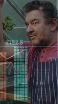 Gardener reaching plant greenhouse, causing money overlays with $&yen; bars or lines on face while smili