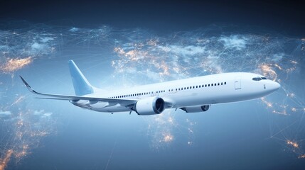 Naklejka premium A futuristic aircraft soars above a glowing global data network. The image highlights advanced airline technology connecting airports worldwide.