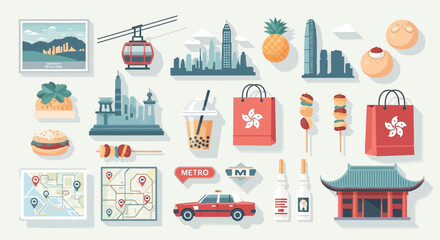 A vibrant collection of Hong Kong travel and culture icons, featuring landmarks, local food, diverse transport, and shopping elements in a flat design style. © Terra