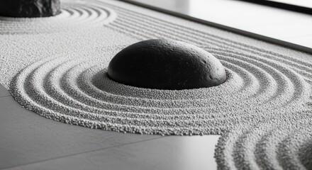Naklejka premium Zen garden sand circle with smooth dark stone.