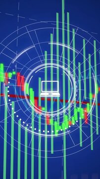 Vertical video: Central HUD appearing, rotating as price chart sliding and bars pulsing for trading