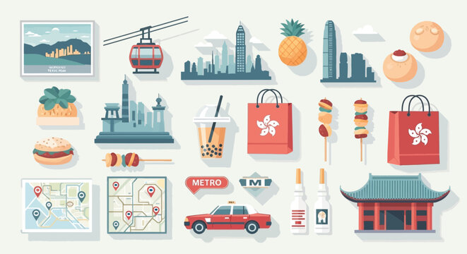 A vibrant collection of Hong Kong travel and culture icons, featuring landmarks, local food, diverse transport, and shopping elements in a flat design style.