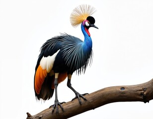 Naklejka premium Elegant crowned crane bird with vibrant blue neck and plumage sits on tree branch. This exotic avian creature features striking golden crest and detailed feathers.