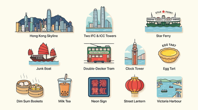 A collection of cartoon illustrations depicting iconic Hong Kong landmarks, traditional transport, popular food items, and cultural symbols in a vibrant, flat style.