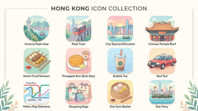 A vibrant collection of Hong Kong icons featuring famous landmarks, local cuisine, transportation, and cultural elements in a flat, illustrative style.