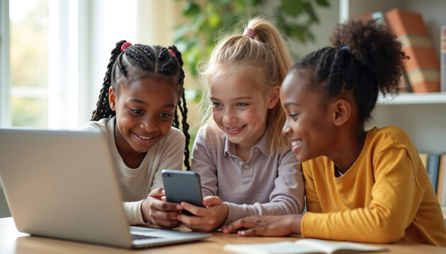 Three young girls from diverse backgrounds, around age 11-12, share smartphone, laptop. Smile, look engaged, possibly playing game watching video together. Scene suggests friendship, modern childhood