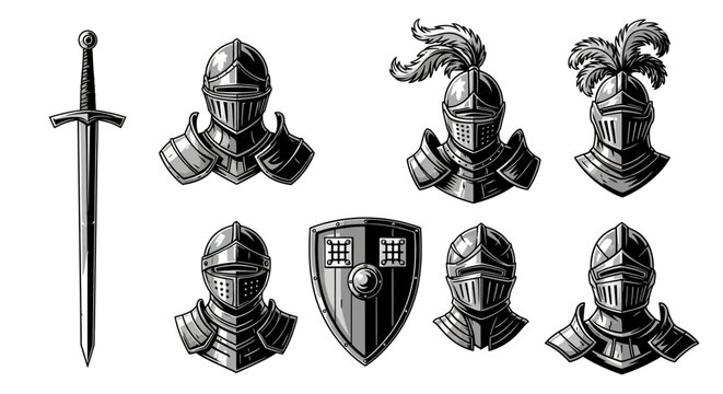 Medieval Knight Armor Elements Set: Helmets, Longsword, and Shield in Vintage Engraving Style