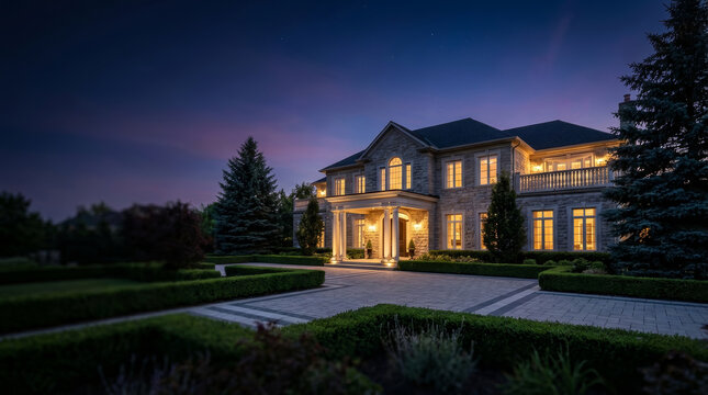 Peaceful twilight luxury mansion exterior architecture featuring elegant illuminated residential property estate home evening inviting landscaped driveway garden suburban neighborhood