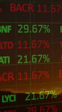 Vertical video: On play translucent grid scrolling up updating tickers and % showing trends