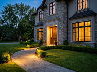 Obraz premium Beautiful luxury home exterior illuminated twilight with glowing windows stone facade welcoming walkway manicured green lawn inviting and peaceful atmosphere capturing elegant modern residential