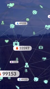 Vertical video: Health overlay shifting over dusk field, alerts updating badges, centering heart