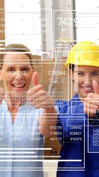 HUD overlay appearing, two coworkers raising thumbs-up, celebrating finished packing in warehouse