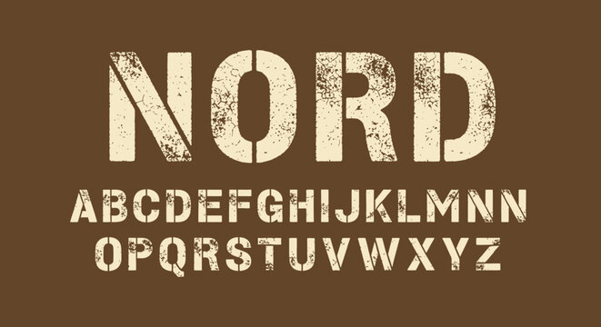 Vintage Distressed Stencil Font with Weathered Grunge Texture and Industrial Military Style Alphabet