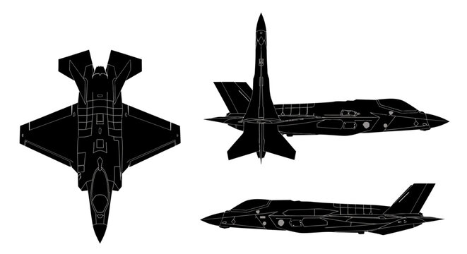 Modern Stealth Fighter Jet Silhouette Set - F-35 Style Military Aircraft Illustrations from Top, Front, and Side Views