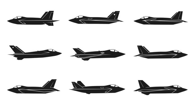 Modern Stealth Fighter Jet Silhouettes Collection - Military Aviation Icons and Aerospace Vector Set in Profile View