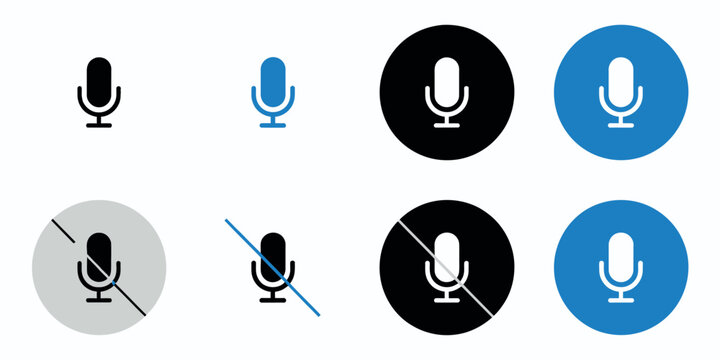 Microphone icon set featuring mute, karaoke, and vocal symbols in grey, blue, and black buttons, vector illustration for apps, voice, and audio design