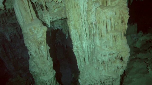 Camera tilts upward along vertical limestone column revealing ceiling structure in Cenote Dos Ojos, Quintana Roo, Mexico