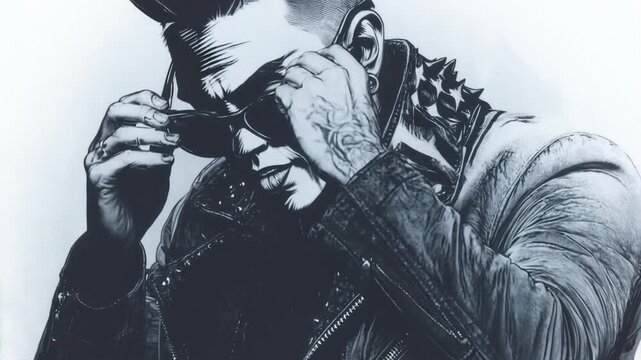 Animated black and white drawing of a punk man with a mohawk taking off his sunglasses