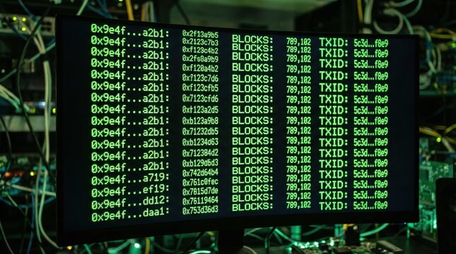 Green code and blockchain transaction data displayed on a monitor. High tech digital security and crypto mining atmosphere. Useful for financial and technological media.