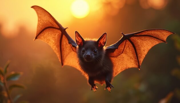 Small dark bat flies in front of bright orange sunset sun. Creature has large ears and outstretched wings with glowing translucent membranes. Nature wildlife mammal.