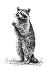Fototapeta premium Standing raccoon engraving sketch illustration of wild forest animal isolated background