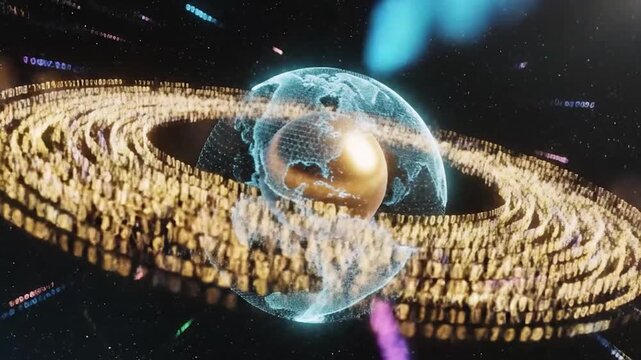A glowing digital representation of a planet surrounded by a swirling vortex of data and binary code in the vastness of space