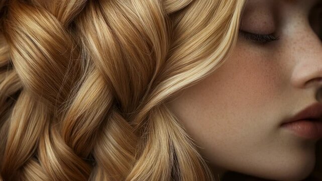 Serene woman's profile with closed eyes, freckles, and a beautiful intricate blonde braid